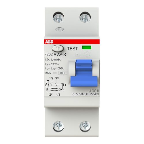 ABB F202A-80/0.03AP-R Áramvédő kapcsoló (FI-relé), 2P, In=80A, 30mA, A típus; nem kívánt kioldással szemben védett