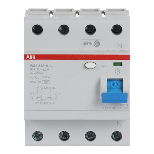ABB F204A-80/0.03AP-R Áramvédő kapcsoló (FI-relé), 4P, In=80A, 30mA, A típus; nem kívánt kioldással szemben védett